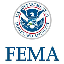 Rectangular U S Department of Homeland Security logo with large F E M A lettering below round logo with eagle image