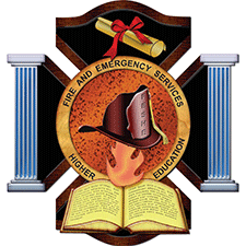 Fire and Emergency Services Higher Education badge showing blue columns, open text book, and a graphic of a fire helmet below a rolled diploma.