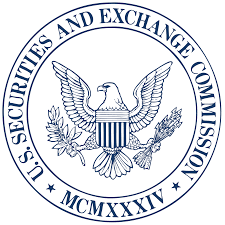 Round blue logo for Securities and Exchange Commission with blue lettering and blue outline of eagle in center
